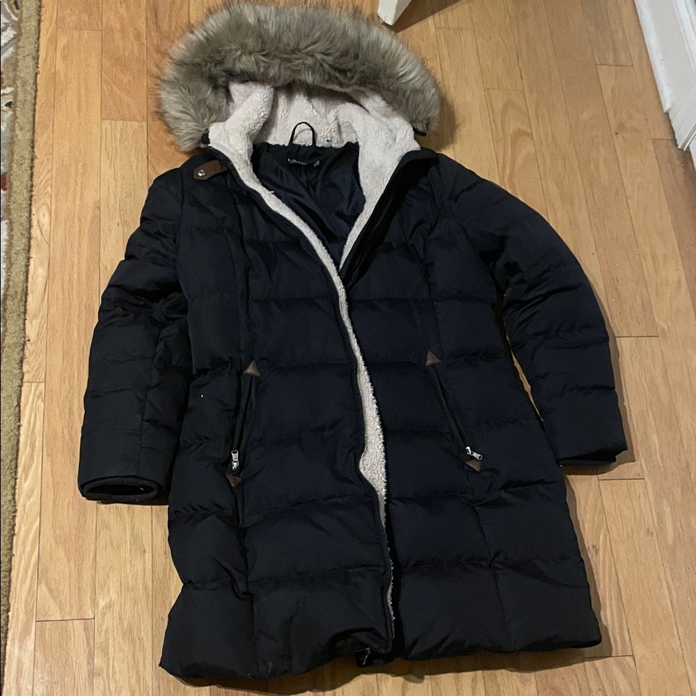 Ralph Lauren Black Puffer Coat with Faux Fur Trim women’s extra large